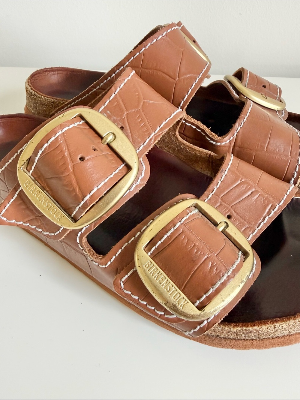Birkenstock + STAUD Arizona Big Buckle Slide Sandal Croc Embossed Brown 40/9 - Picture 6 of 13
